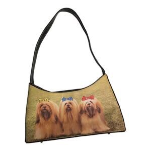 Vtg Y2K Lhasa Apso Dog Printed Mini Faux Leather Trim Top Zip Shoulder Bag
